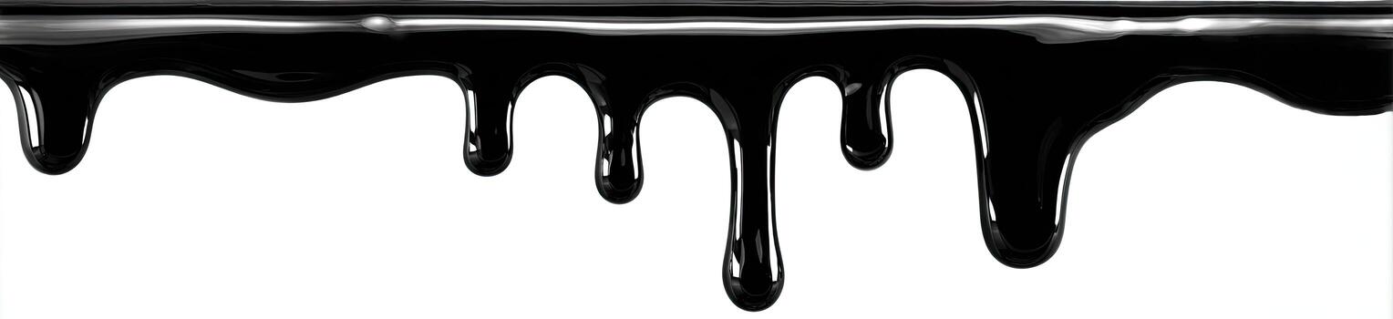 Thick, glossy, black liquid dripping down from top edge against a bright white background photo