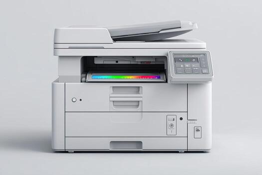 A modern, white office multifunction device, slightly angled, against a clean white backdrop photo