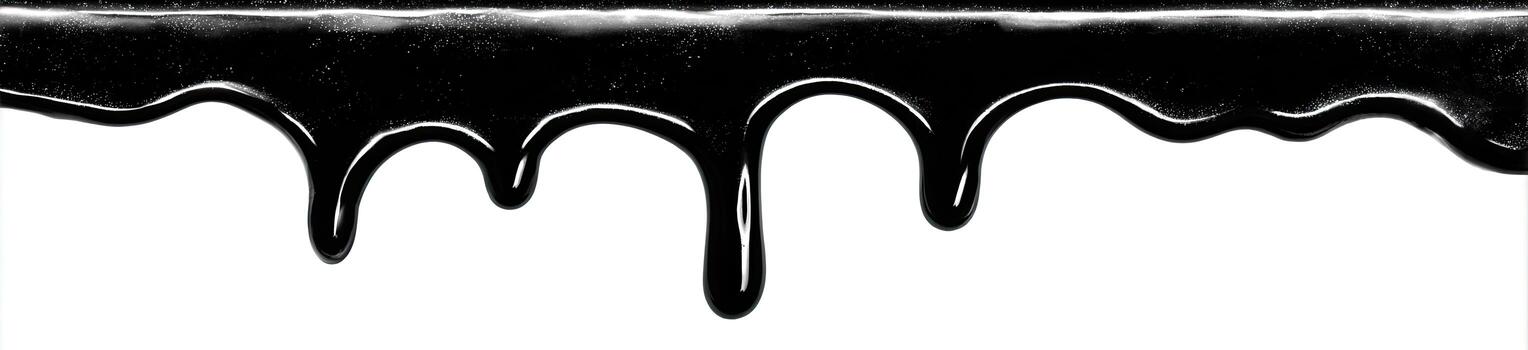 Black, viscous liquid drips from the top. Smooth surface with glossy, rounded droplets against white photo