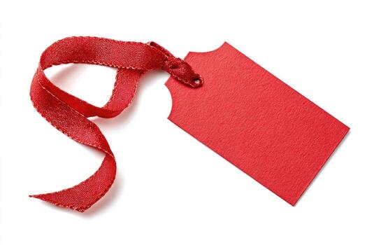 A red tag with a ribbon tied in a knot, casting a shadow on a white background photo