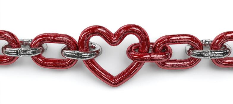 A red heart-shaped chain link is connected to silver links. White background. Isolated close-up photo