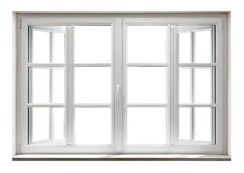 White four-pane window frame with two open side sashes and a white background photo