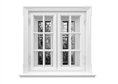 A white, divided-light window with an outdoor view and elegant trim on a white background photo