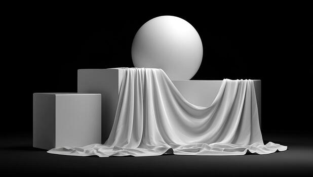 Sculptural still life geometric blocks draped with cloth supporting a sphere, dark background photo