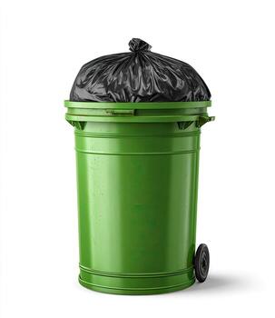 A green waste bin with a black trash bag overflowing, on a white background photo
