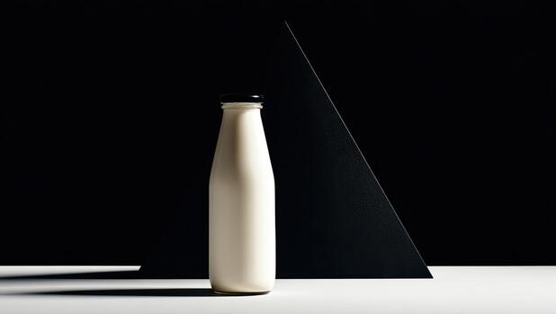 Tall, cream-colored bottle with black cap sits before black background and geometric shapes photo