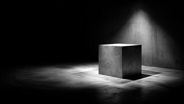 A solitary cube is illuminated by a single spotlight in a dark, concrete space photo
