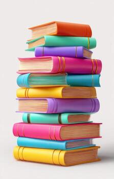 A tall stack of colorful hardcover books against a clean white background photo