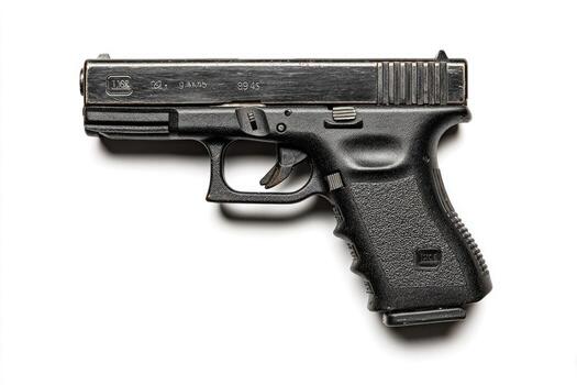 A semi-automatic handgun with a dark finish, resting on a clean white surface photo