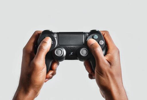 Close-up of dark-skinned hands holding a black gaming controller against a light gray backdrop photo