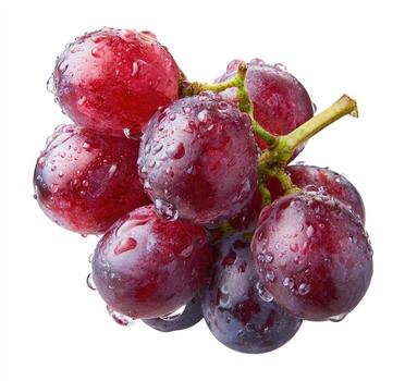 A close-up of a cluster of ripe, red grapes with water droplets, on a white background photo
