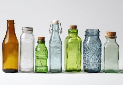 Seven assorted glass bottles of varied shapes, colors, and closures arranged against a white backdrop photo