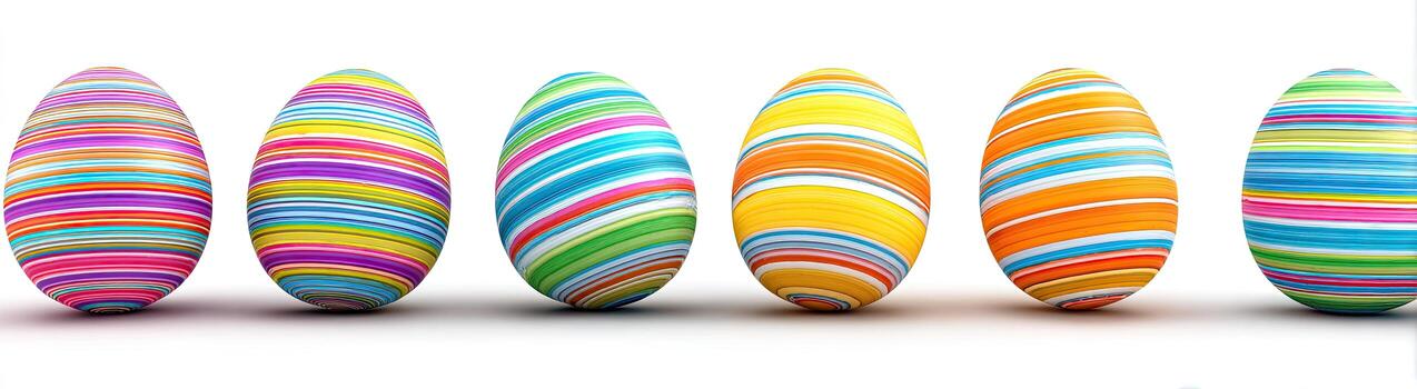 Six colorful Easter eggs with horizontal stripes and shadows against a white background photo