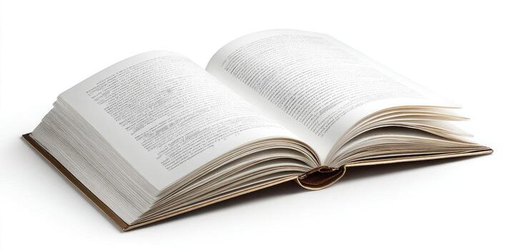 An open book, with text visible on pages, lying on a white surface. Close up shot photo