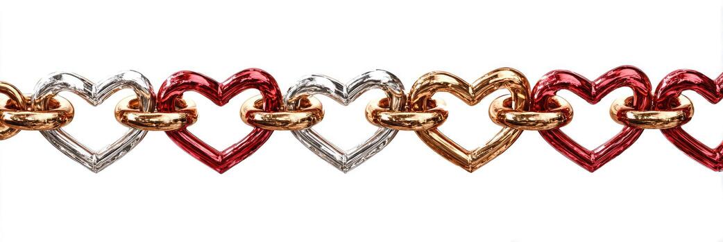 A chain of interlinked hearts, alternating silver, gold, and red, against a white background photo