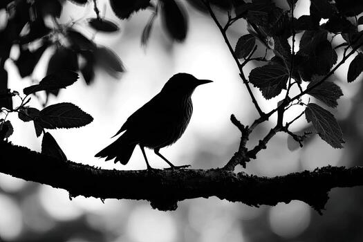 Silhouette of a bird perched on a branch, surrounded by foliage, in grayscale photo