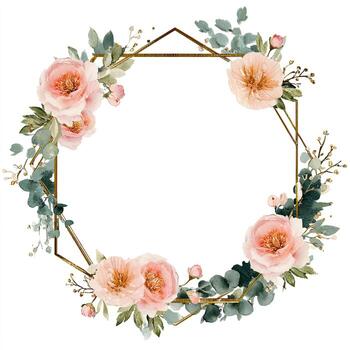 Floral geometric frame with pastel pink roses and green foliage, creating a delicate design photo