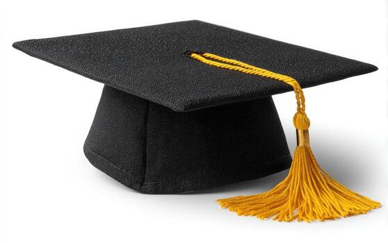 Black graduation mortarboard with gold tassel on a white background, angled view photo