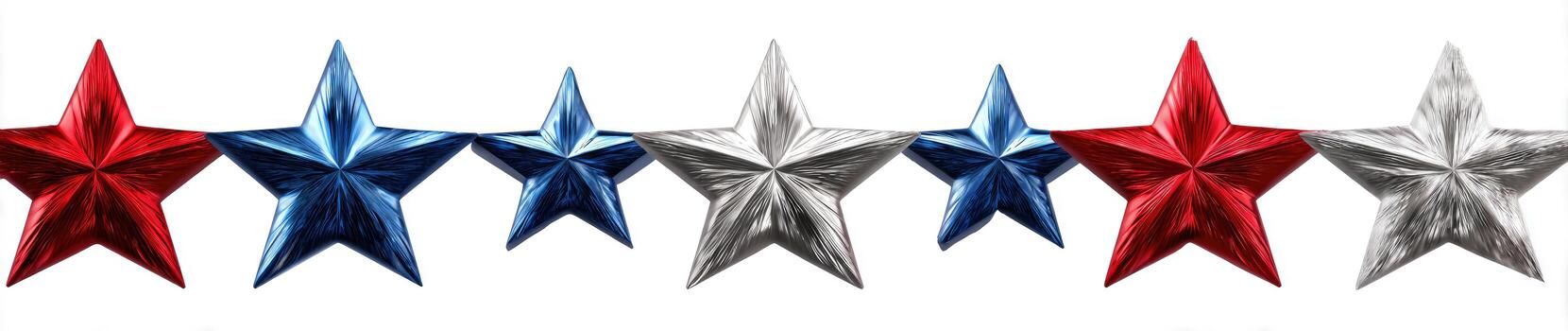 Array of seven metallic, five-pointed stars in red, white, and blue on a white background photo