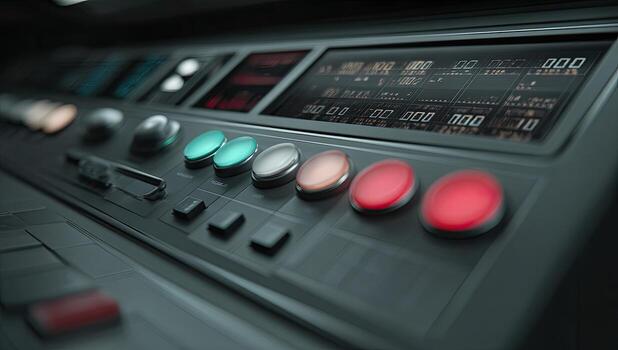 Detailed close-up of a futuristic control panel with glowing buttons and displays photo