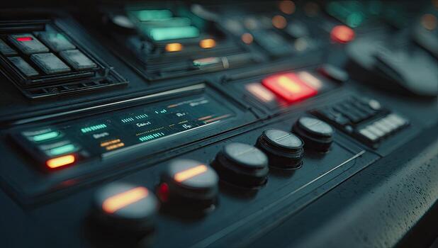 de cerca de un controlar panel, con iluminado pantallas, botones, y diales en un futurista ajuste foto