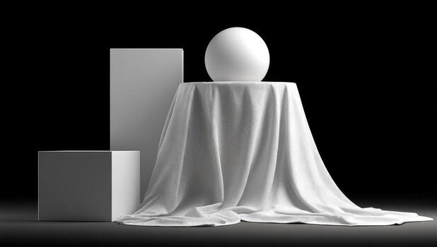 Geometric shapes with soft light, draped cloth, and a sphere, rendered on black photo