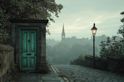 An old, green door on a stone walkway with a lamp post overlooking a misty cityscape photo