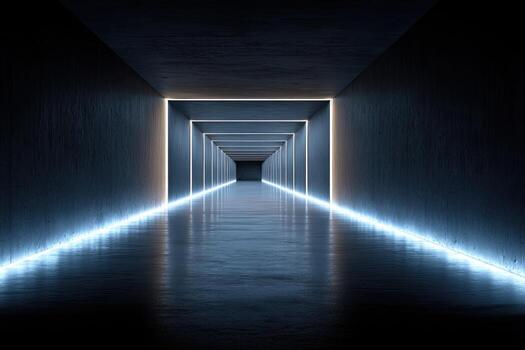 Long, rectangular hallway with glowing edges and distant light source, dark mood photo