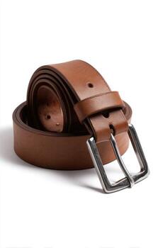 Close-up of a brown leather belt with a silver buckle, rolled on a white background photo