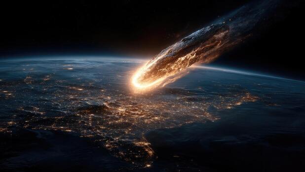 Dramatic view of a meteor streaking towards a planet, engulfed in flames photo