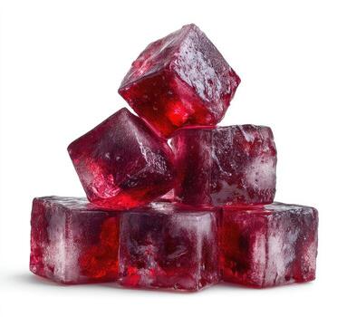 Stacked translucent ruby-red cubes, resembling ice, sparkle against a white background photo