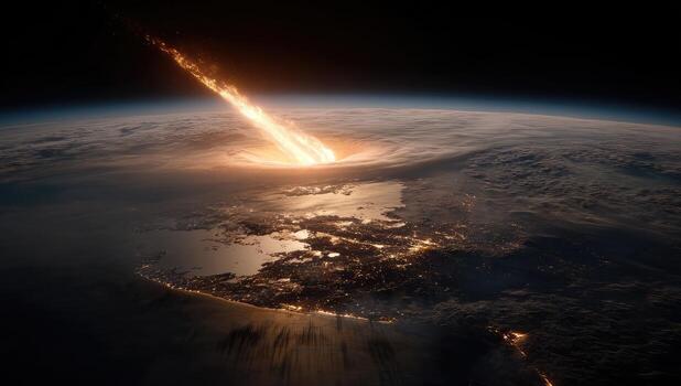 Dramatic view of a meteor streaking through the atmosphere, impacting a planet photo