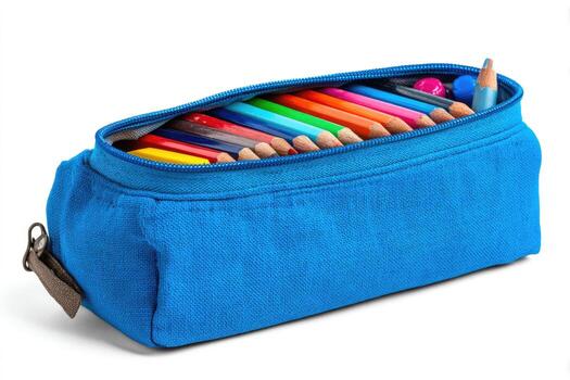 A blue fabric pencil case opened, filled with colorful pencils and small erasers photo