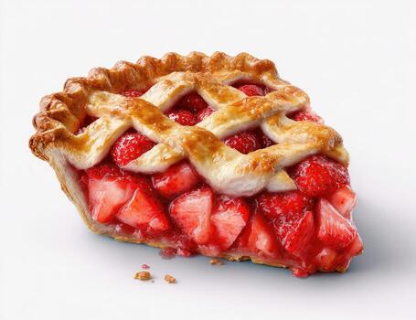 Slice of pie with a lattice crust, filled with fresh strawberries on a clean white backdrop photo
