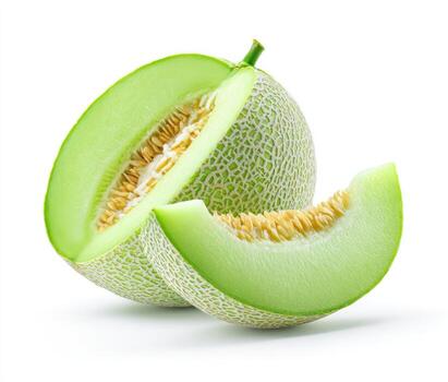 A whole, split, and sliced light green melon isolated on white, showing seeds photo