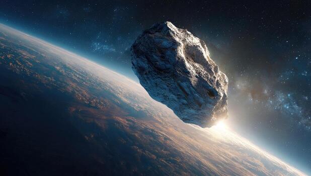 A giant asteroid hurtles toward Earth, a rocky, irregular shape against the planet's curve photo