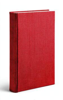 A vertically oriented, isolated, red book with textured cover, casting a slight shadow on white photo