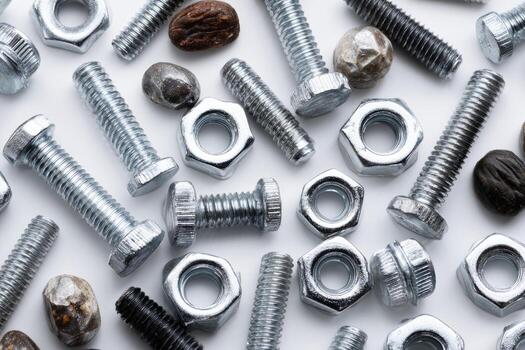 Close-up of scattered metal fasteners, including bolts, nuts, and small, textured parts photo