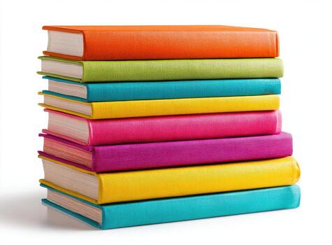 A stack of colorful books, spines visible, arranged on a white background photo