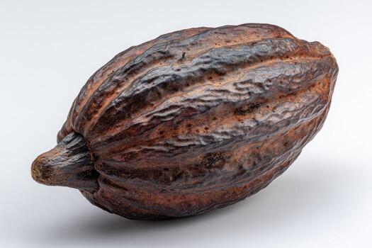 A textured, brown and tan cacao pod, oval-shaped, rests on a white surface photo