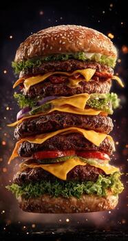 imponente empanada múltiple hamburguesa, desbordante con coberturas, conjunto en contra un oscuro, bokeh antecedentes foto