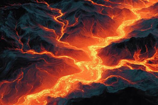 Fiery lava river flows through a rugged, dark mountainous landscape photo