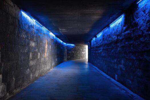 A dim tunnel with blue neon lights along the brick walls leading towards a bright exit photo