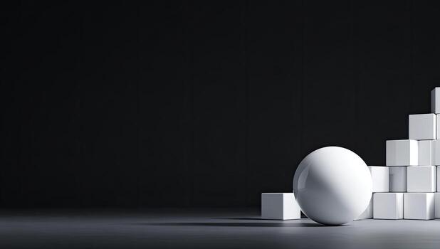 un blanco esfera descansa cerca blanco cubitos formando escalera en contra un oscuro, graduado fondo foto