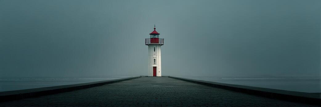A solitary white and red lighthouse stands at the end of a pier on an overcast day photo