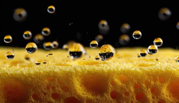 Macro shot captures water droplets clinging to a porous, yellow surface against a black backdrop photo
