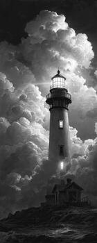A grayscale painting shows a lighthouse amidst dramatic clouds, emitting a powerful beam of light photo
