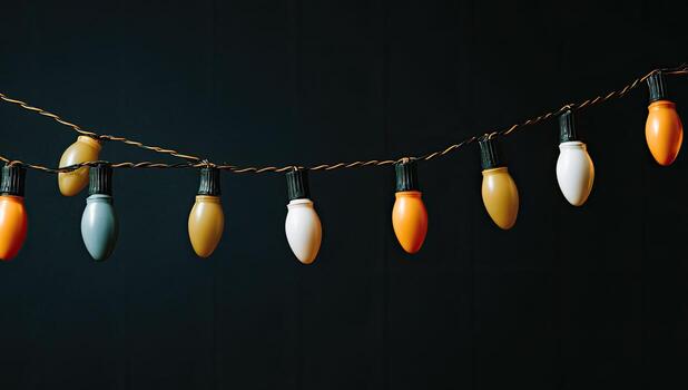 A string of vintage-style fairy lights in muted tones hangs against a dark backdrop photo