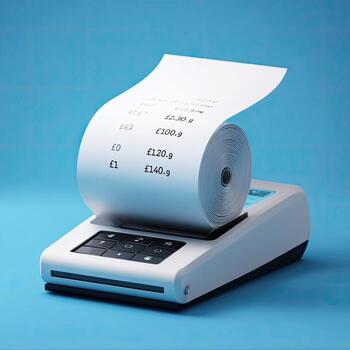 A white receipt printer with a paper roll unfurling. Financial transaction data is visible on the receipt photo