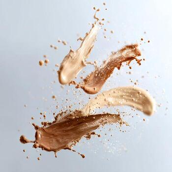 Foundation splashes in varied tones. Light beige, medium beige, and tan shades of liquid foundation are shown in dynamic splashes and streaks against a light gray background. The textures appear fluid and active photo